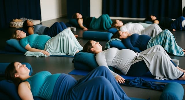 Prenatal yoga class with bolsters